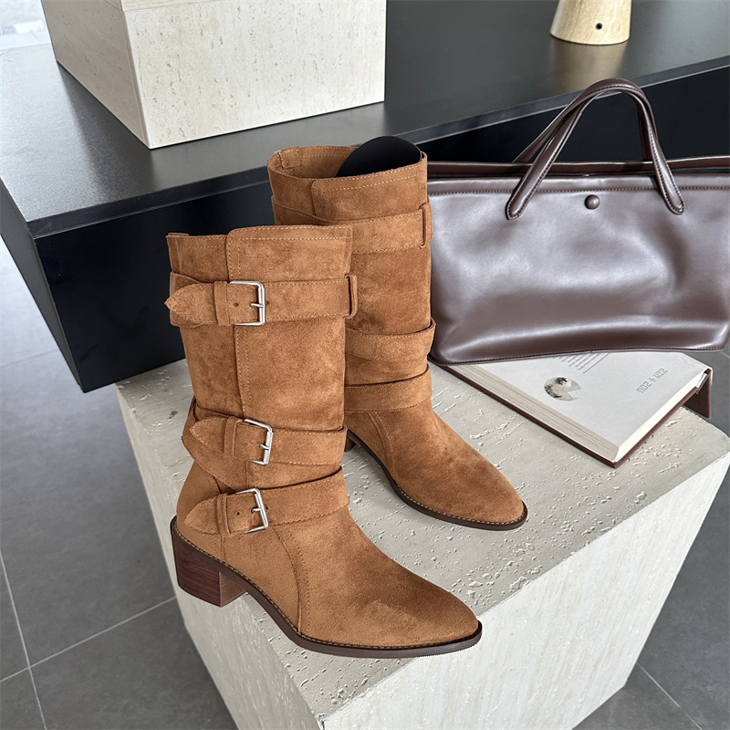 2026-new-design-belt-buckle-chunky-heel-mid-calf-boots-women-british-style-martin-boots-stacked-boots-knight 2026 New Design Belt Buckle Chunky Heel Mid Calf Boots Women British Style Martin Boots Stacked Boots Knight