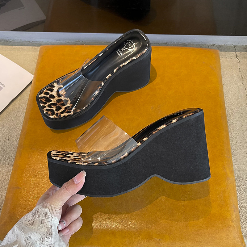 2026 Summer Women's Thick Sole Square Toe Slippers Leopard Print Platform High Heel 10cm Sizes 34-40