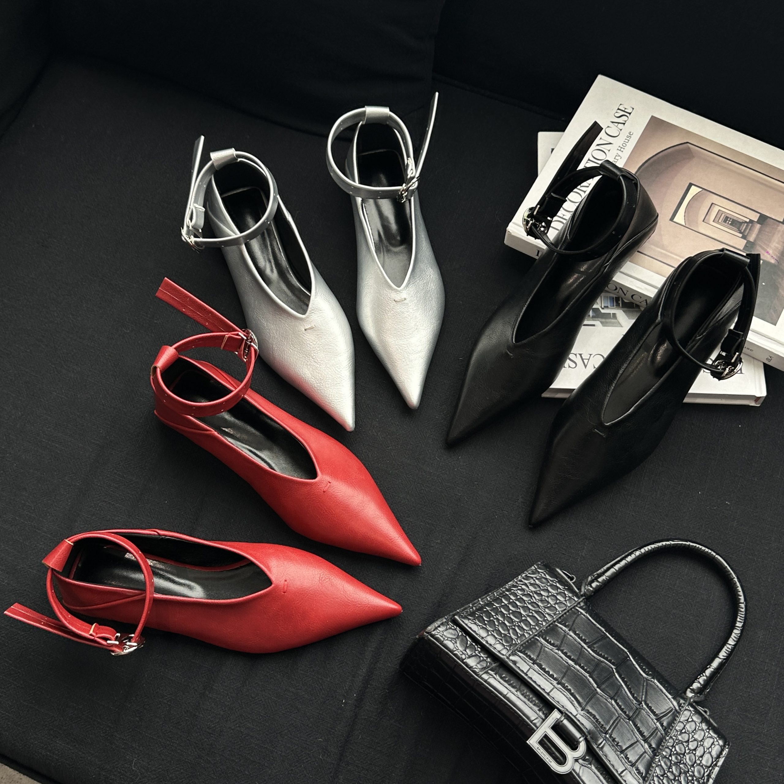 darz-womens-pointed-toe-flat-shoes-french-style-silver-black-red-buckle-loafers DARZ Women's Pointed Toe Flat Shoes - French Style Silver Black Red Buckle Loafers