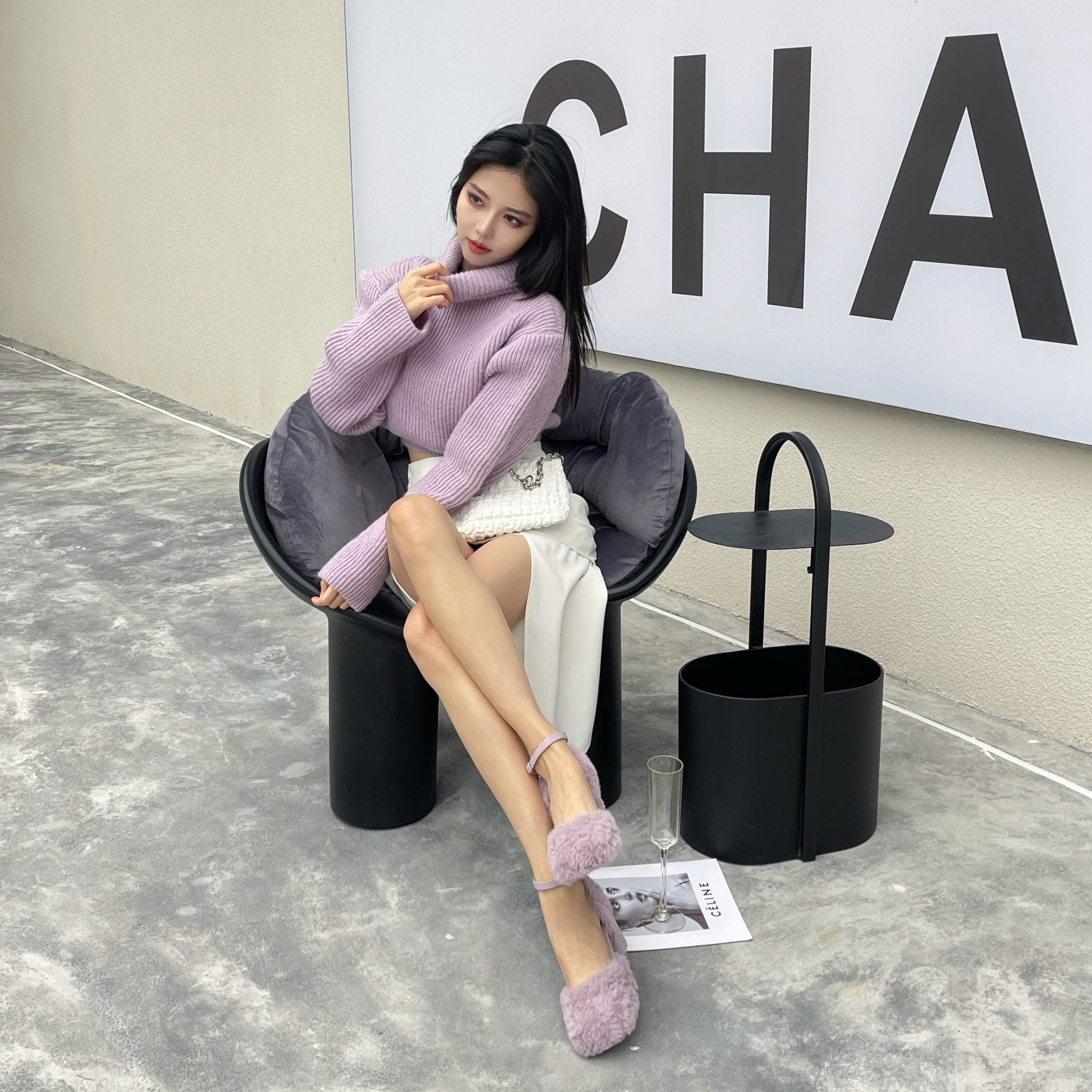 Furry Mary Jane Shoes for Women Chunky Heel Round Toe Strappy Detachable Multi-Way Wear European Runway Design Single Shoes