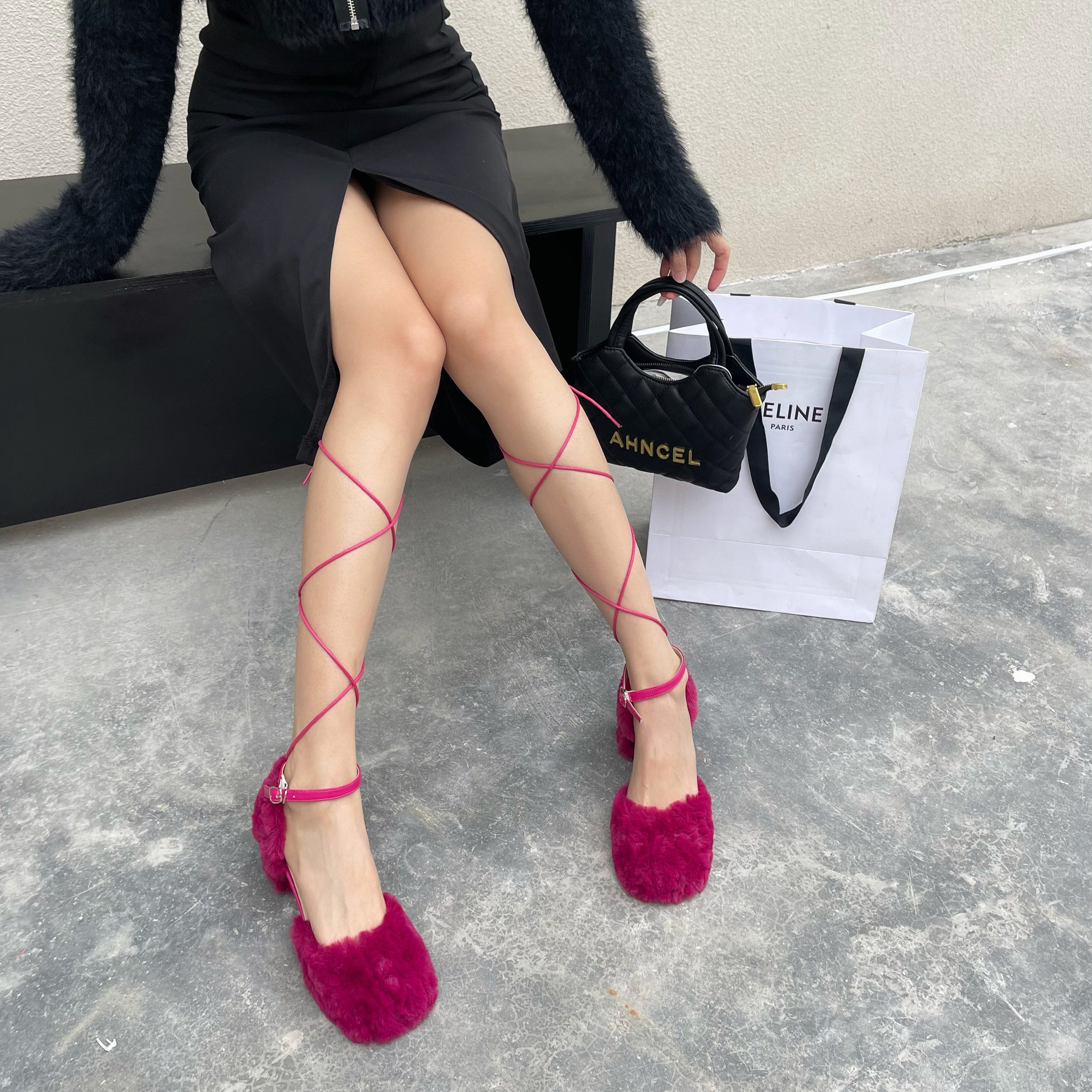 Furry Mary Jane Shoes for Women Chunky Heel Round Toe Strappy Detachable Multi-Way Wear European Runway Design Single Shoes