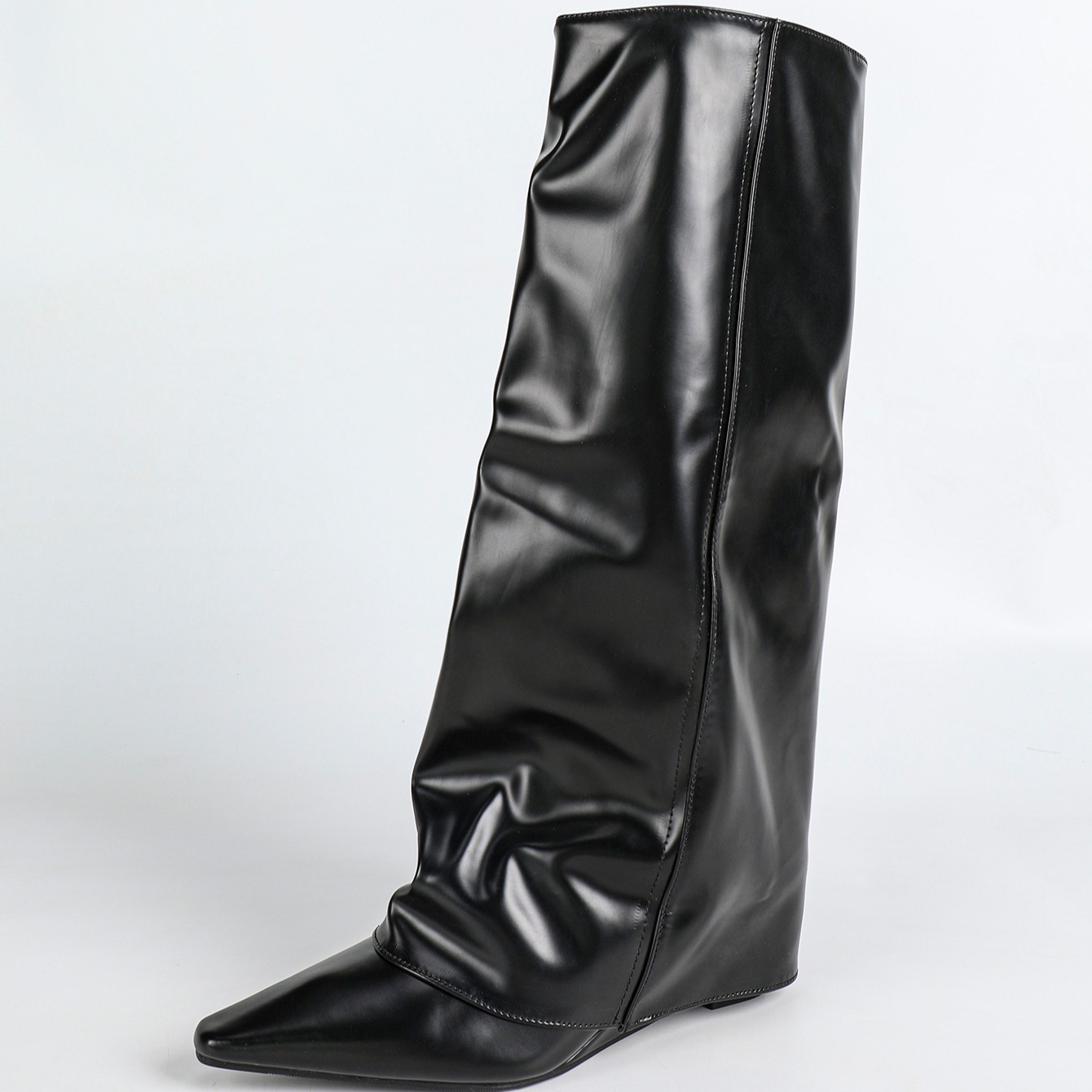 womens-pointed-toe-high-heel-pu-leather-boots-black-wedge-high-shaft-fashion-boots_4 Women's Pointed Toe High Heel PU Leather Boots Black Wedge High Shaft Fashion Boots